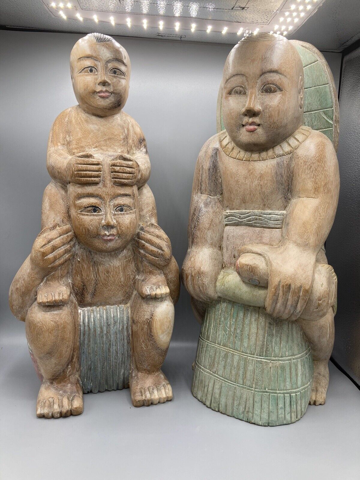 vintage pair of handpainted carved wooden statue thailand folk art rare solid