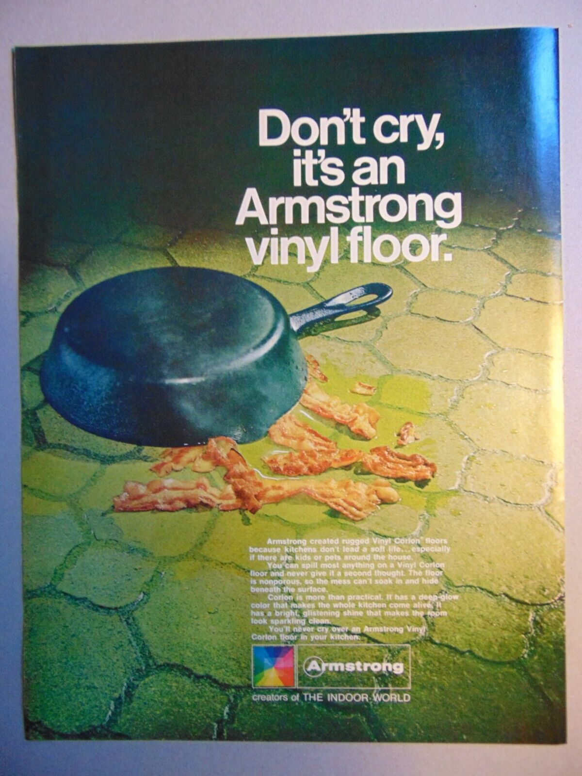 1969 Dropped Hot Skillet of Bacon Don\'t Cry It\'s an ARMSTRONG Floor print ad