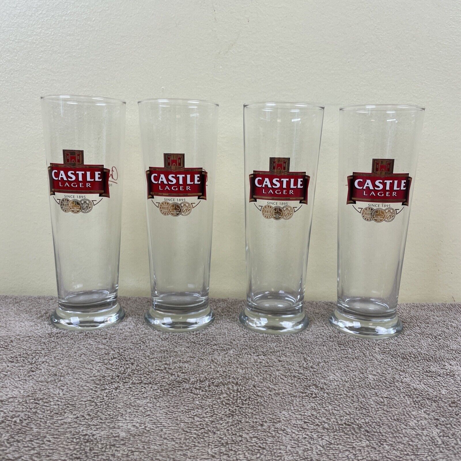 Set Of (4) VINTAGE Castle Lager BEER GLASS Glasses Charles Glass Founder Brewer