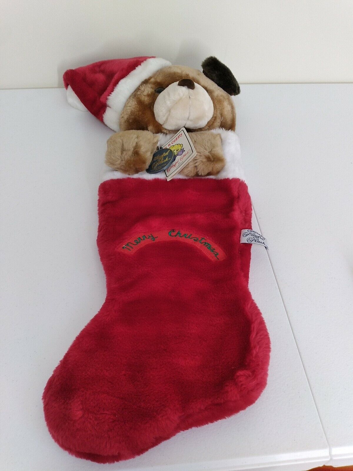 Vintage Playful Plush By Chrisha 1988 Merry Christmas Brown Puppy Santa Hat...