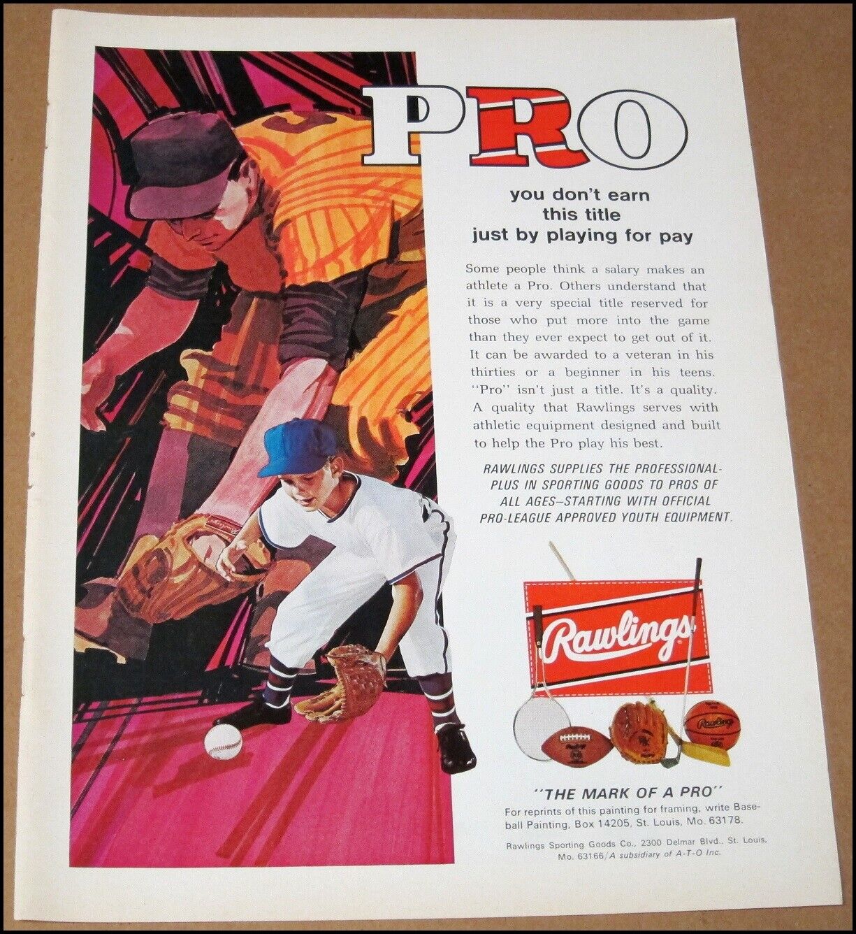 1970 Rawlings Sporting Goods Pro Print Ad Advertisement Baseball Vintage