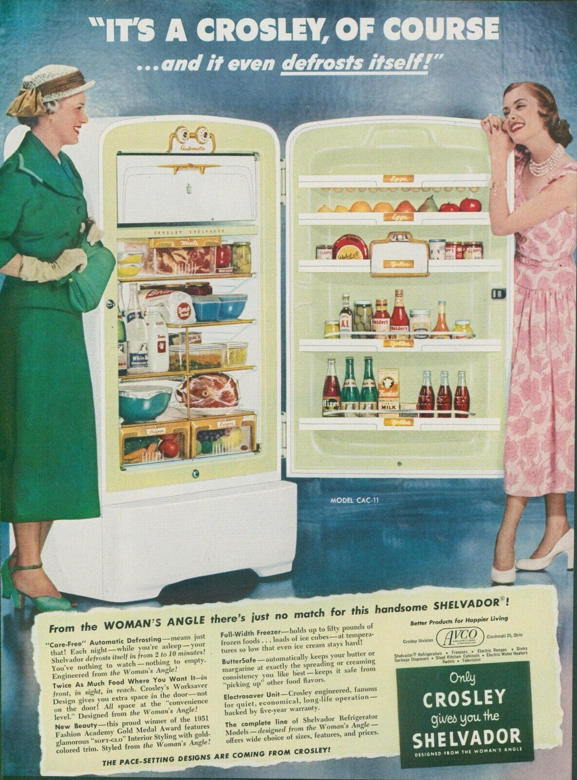1951 Crosley Shelvador Womans Angle Refrigerator Pink Dress Vintage Print Ad BH1