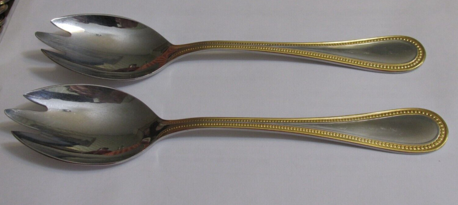 Towle stainless BEADED ANTIQUE GOLD 2 pierced serving spoons Germany 18/8