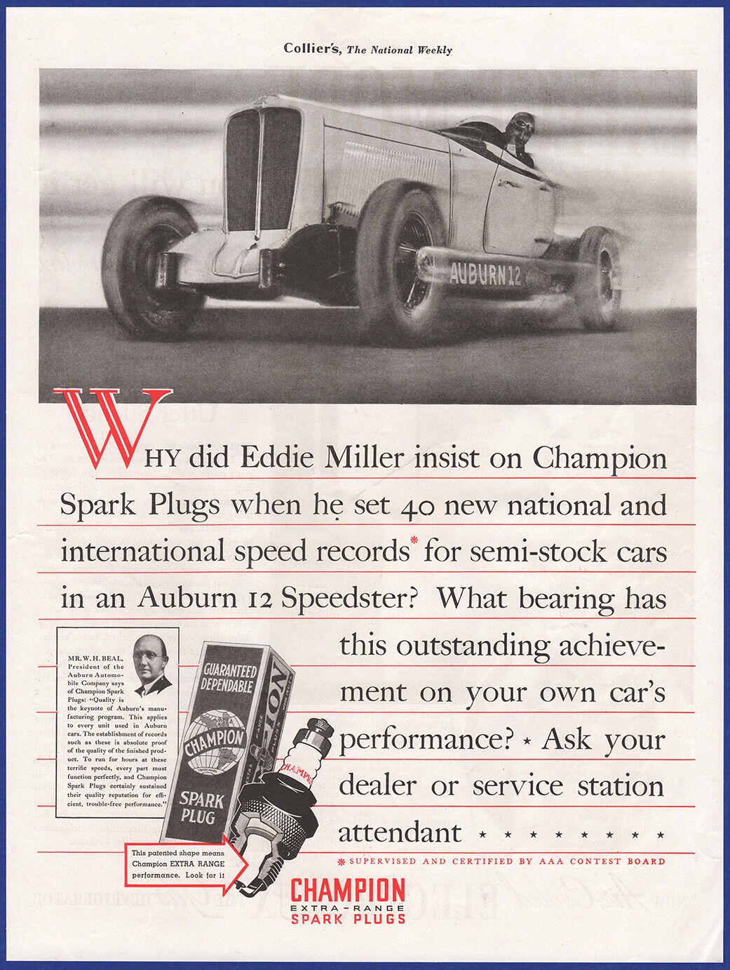 Vintage 1933 CHAMPION Spark Plugs Eddie Miller Speed Records 1930\'s Print Ad
