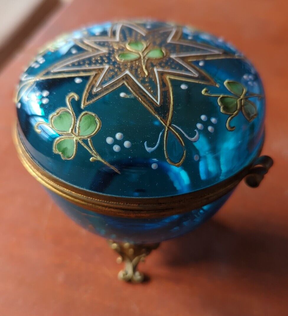 Gorgeous Antique Moser Hand Painted Enamel Turquoise Glass Jewel Trinket Box 