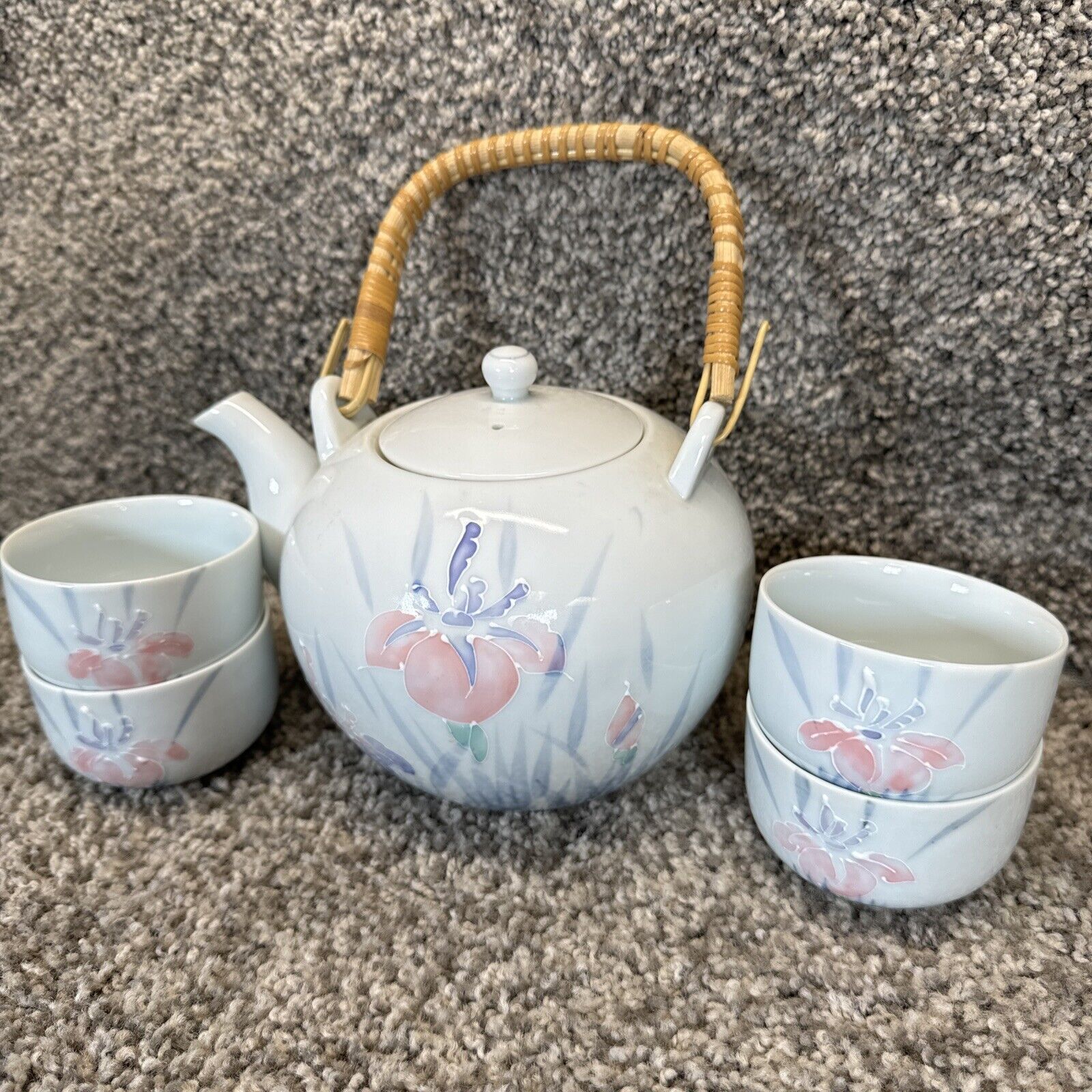 Vintage Japanese Tea Set Tea Pot and Tea Cups Hand Painted Porcelain