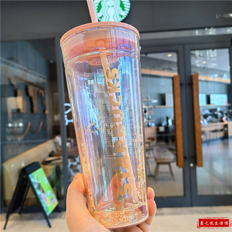 Starbucks Creative Fashion Pink Gray Shiny Diamond Double Glass Straw Mug 2024