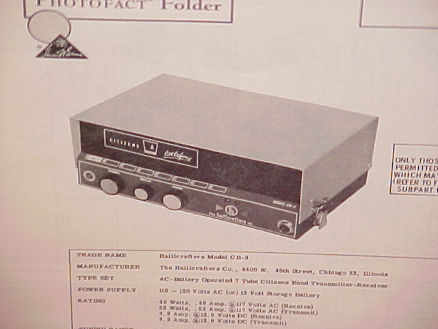 1963 HALLICRAFTERS CB RADIO SERVICE SHOP MANUAL MODEL CB-3