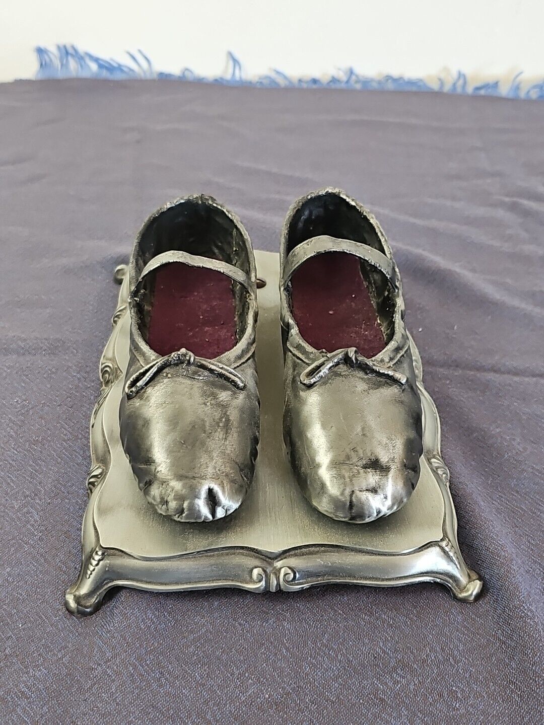 Vintage Ballet Shoes Statue On Stand Real Shoes Incased In Metal 