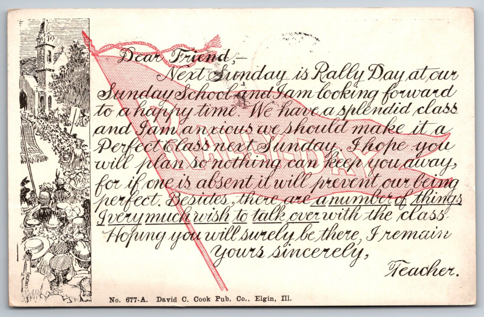 Rally Day Dixon Elgin Illinois IL Posted 1910 Sunday School Postcard