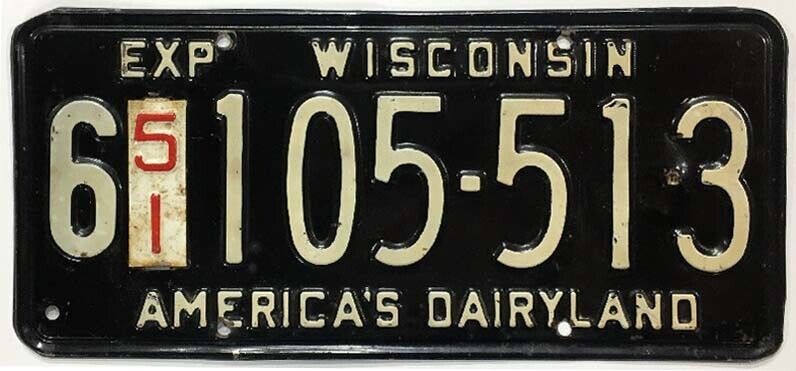 Wisconsin 1951 License Plate 105-513 Original Paint in Very Good Condition