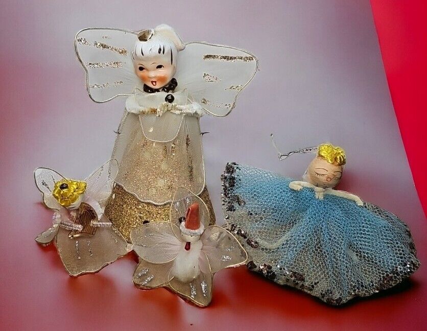4 Delta Novelties Ceramic Angels Japan Ceramic Spun Cotton Lace Chenille Vintage