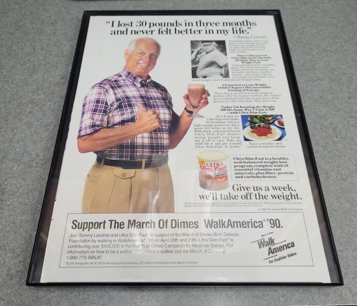1990 LA Dodgers Manager Tommy Lasorda  Ultra-Slim Fast  print ad Framed 8.5x11 