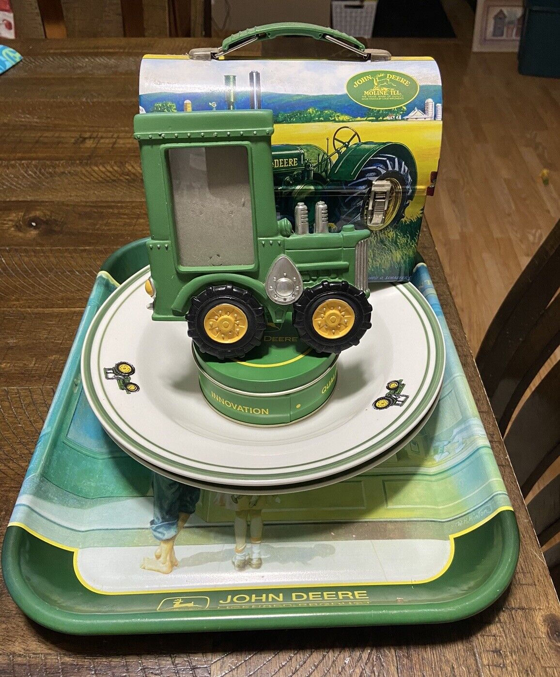 Lot of John Deere Tray, Coasters, Frame, 2 Bowls and Small Lunchbox