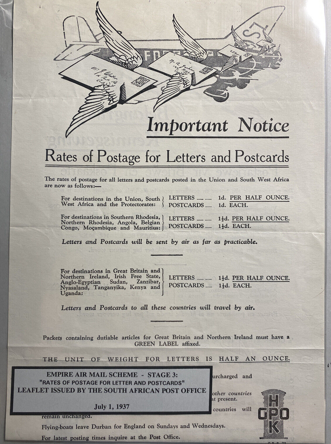 Original South Africa 1937 Airmail Rates Of Postage For Letter & Postcard