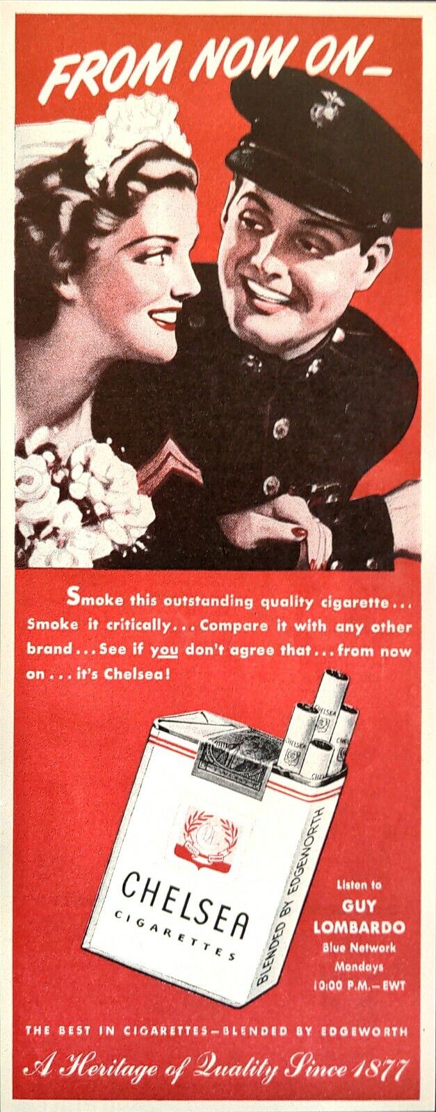 1945 Chelsea Cigarettes US Marine Corporal Bride Marriage Print Ad