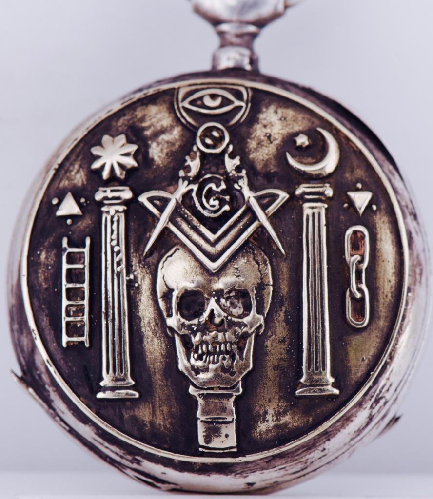 Antique Masonic Memento Mori Pocket Watch Skull Silver Chased Case  c1880's