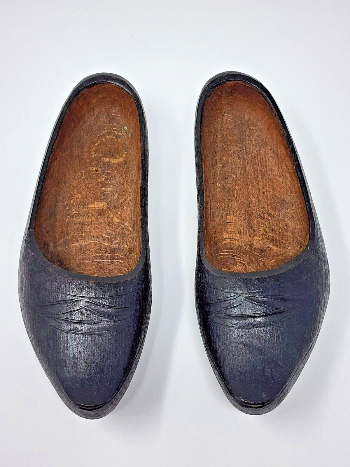 Pair Vintage Hand Carved Miniature Wood Old Shoes With Sign 1914s