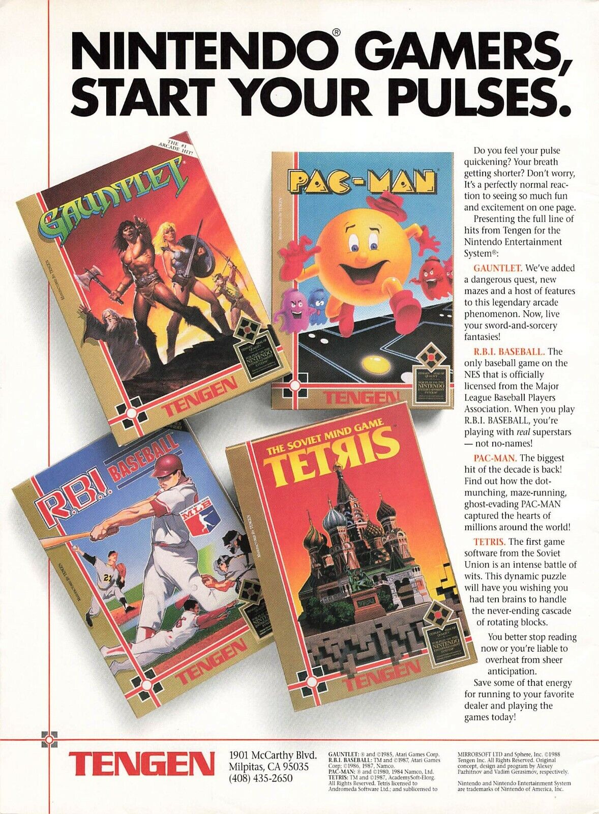 1985 Tengen Nintendo Pac-Man Rbi Baseball Tetris Ad Full Page Print 8X11