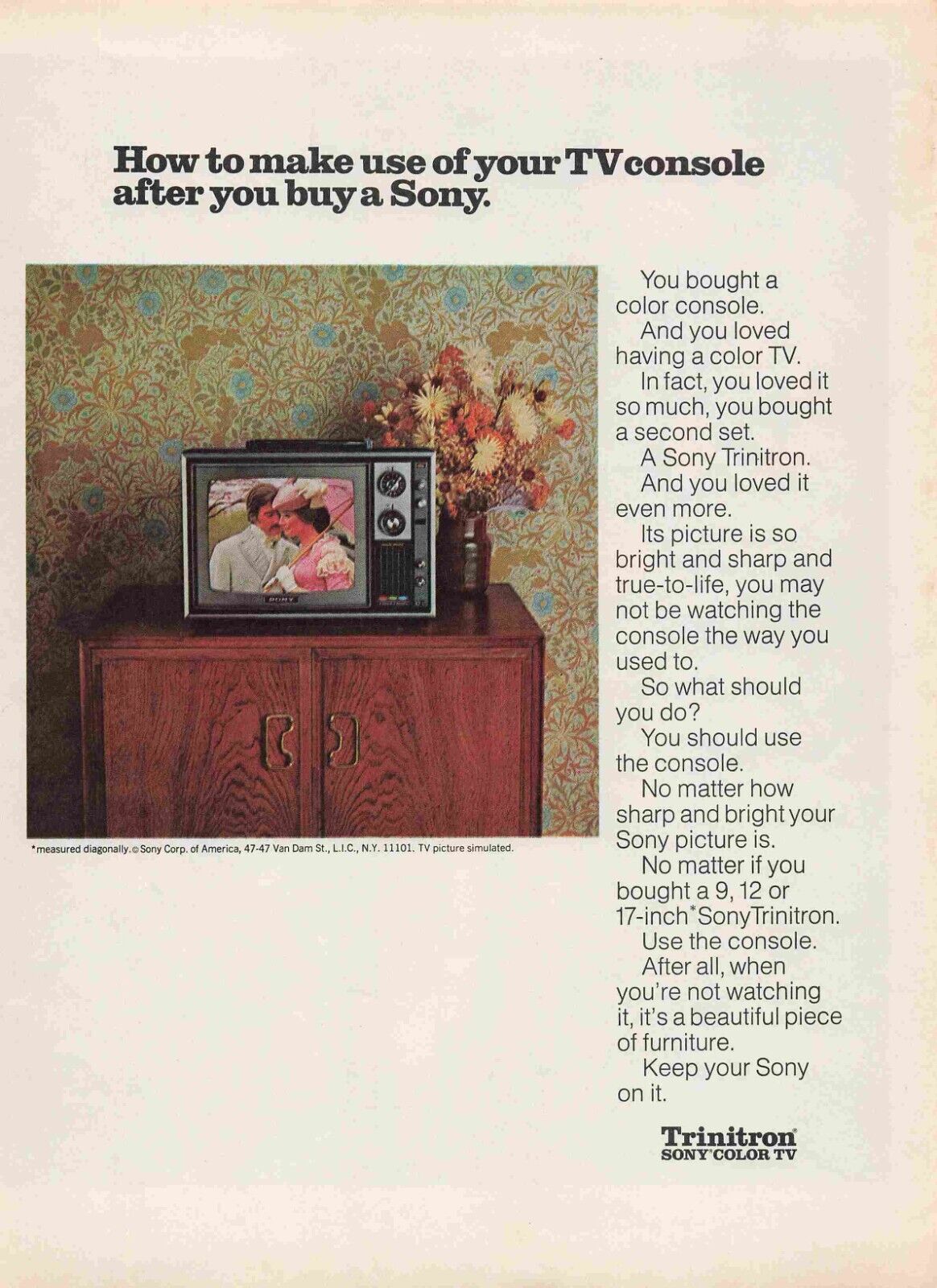 Sony Trinitron Color Tv 1970\'S Print Advertisement
