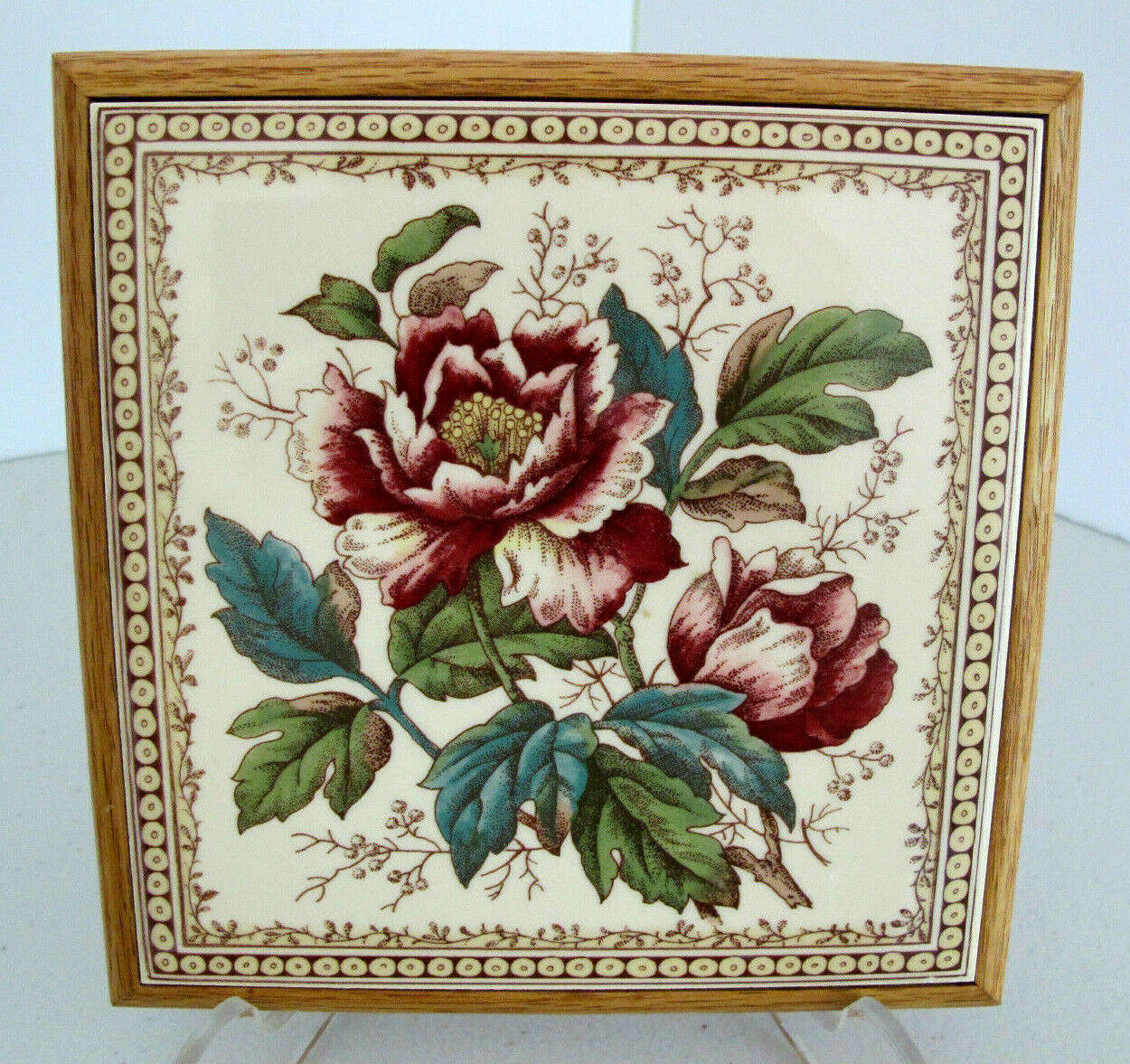 H & R Johnson Vintage Wood Framed Decorative Floral Tile Trivet~Made in England