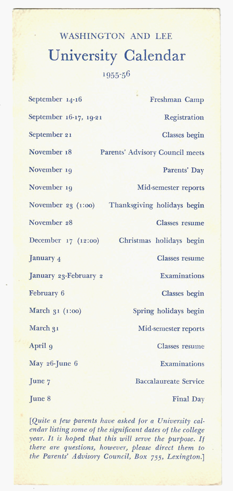 1955 - 1956 Washington and Lee University Calendar