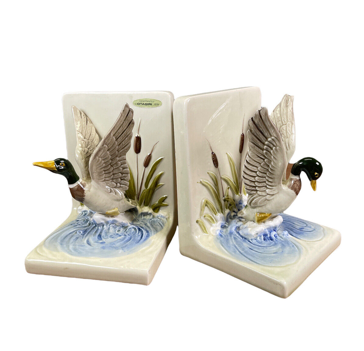 Mallard Duck Ceramic Bookends OTAGIRI 1979 Handpainted Japan Vintage