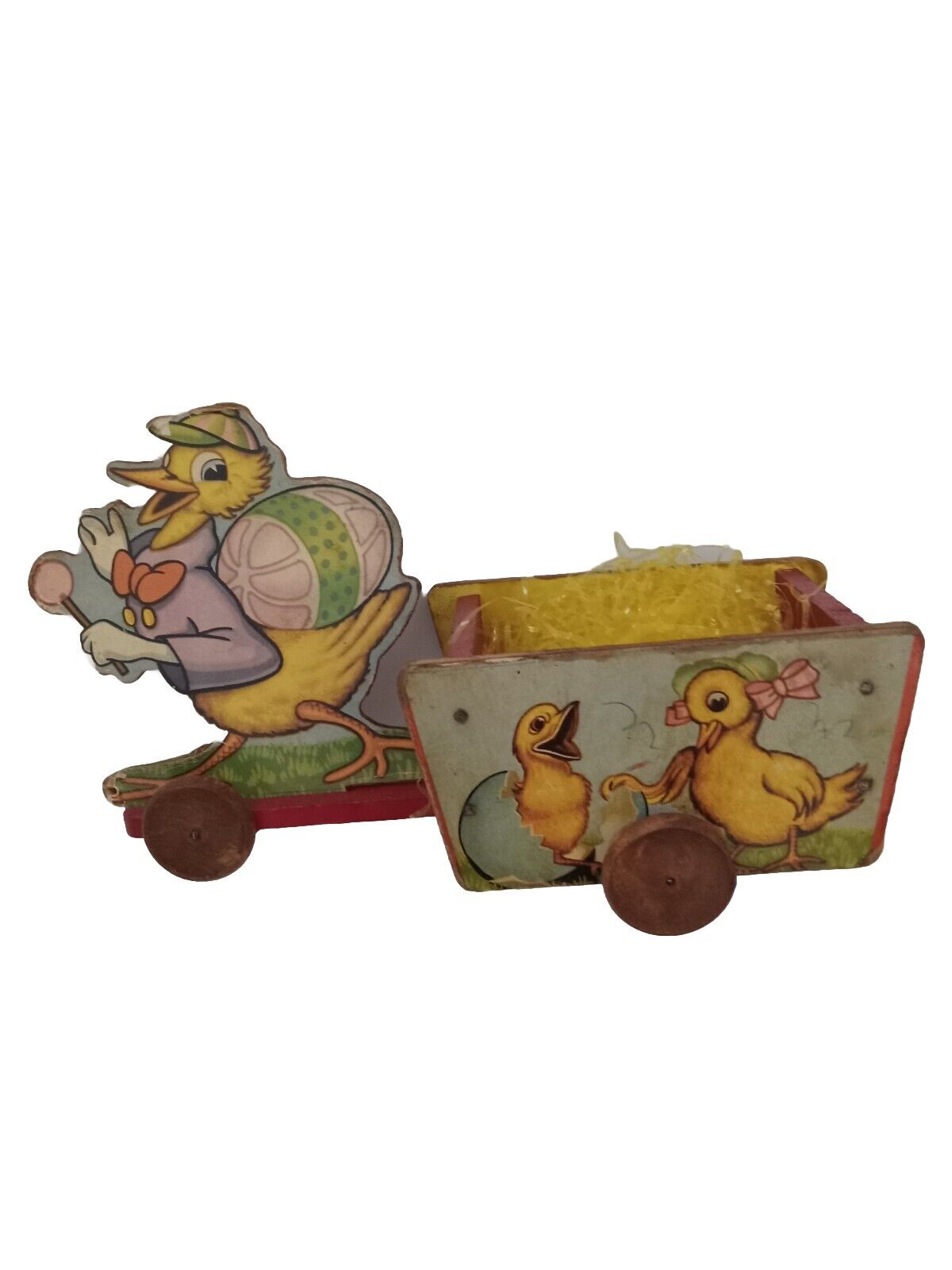 VTG WOODEN 1940's - 1950's PULL TOY EASTER DUCK PULLING CART STEVEN TOY - AS IS 