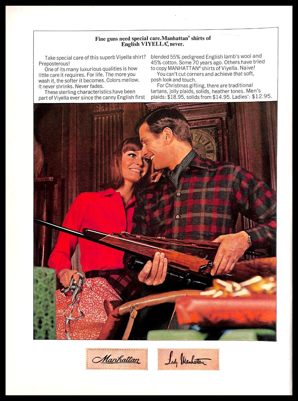 1965 Manhattan Shirts Vintage PRINT AD English Viyella Couple Gun Men\'s Fashion
