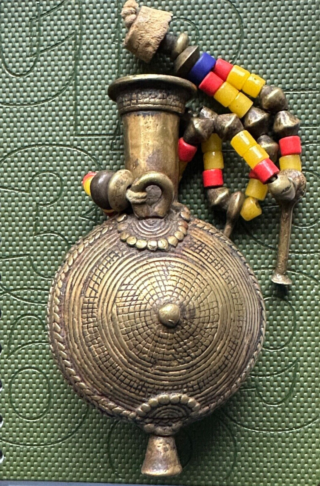 Antique Ethnic Bottle in brass metal w Cork stopper attached to 2 lines of stone