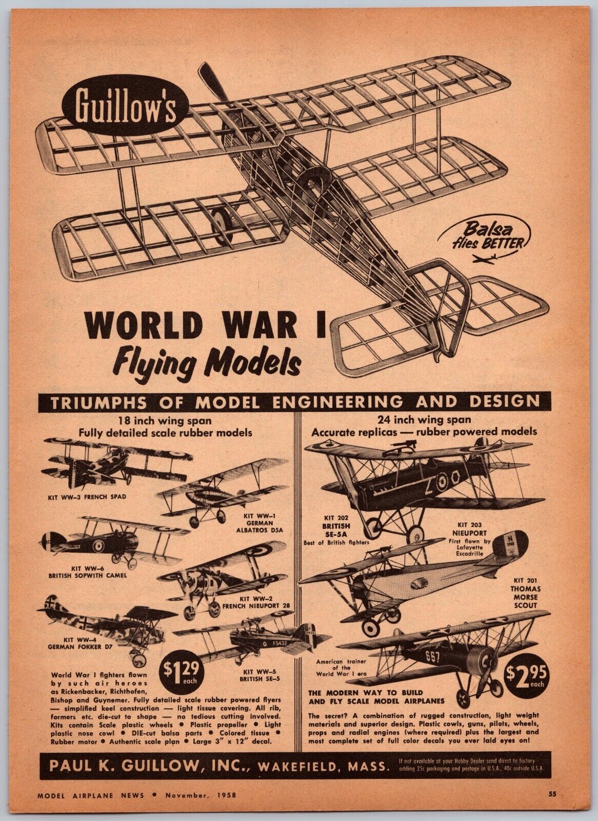 Guillow\'s World War I Flying models Balsa Vintage Nov, 1958 Full Page Print Ad