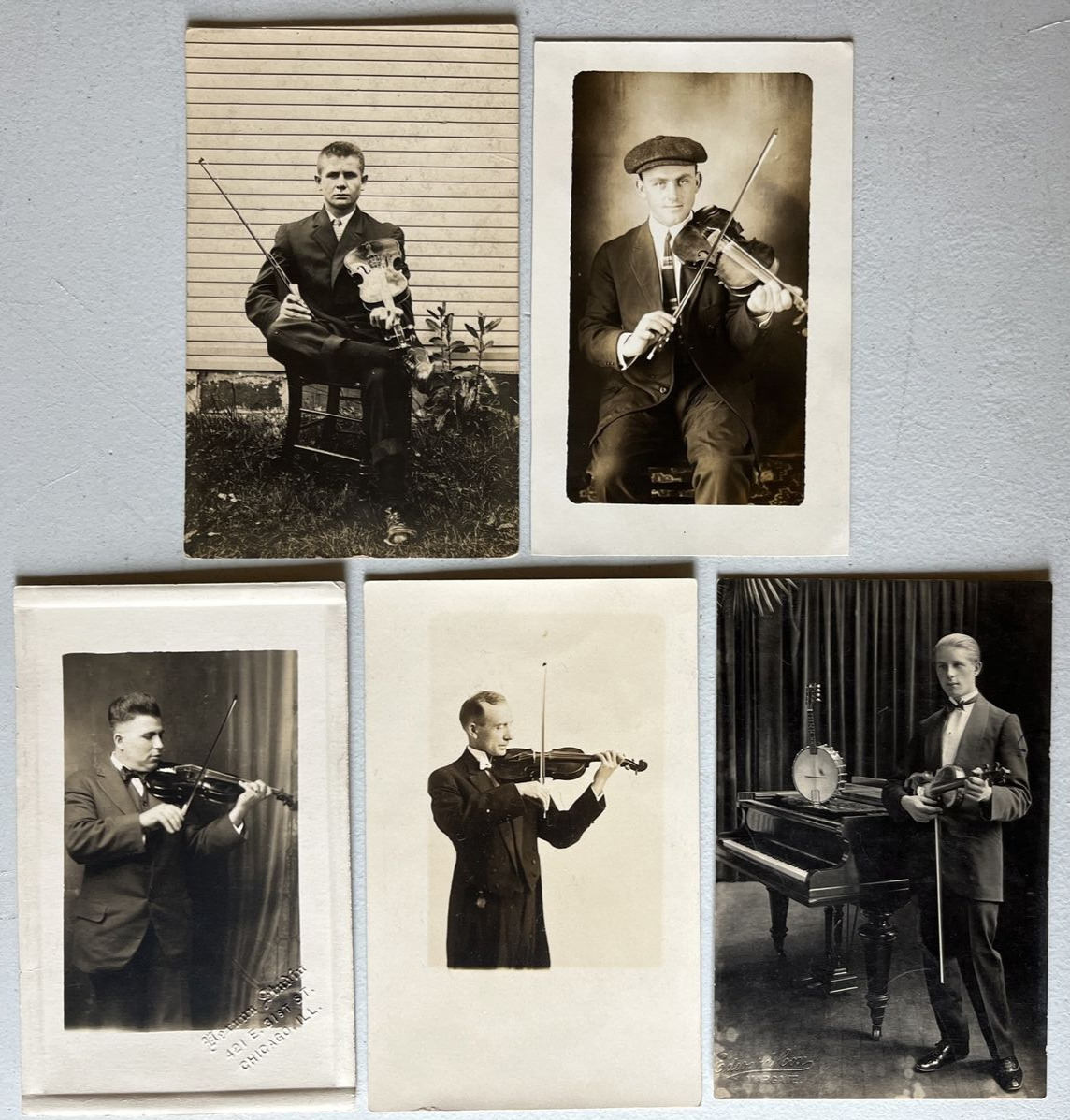 Lot of 5 Antique Real Photo Postcard RPPC Violinists Early 1900s