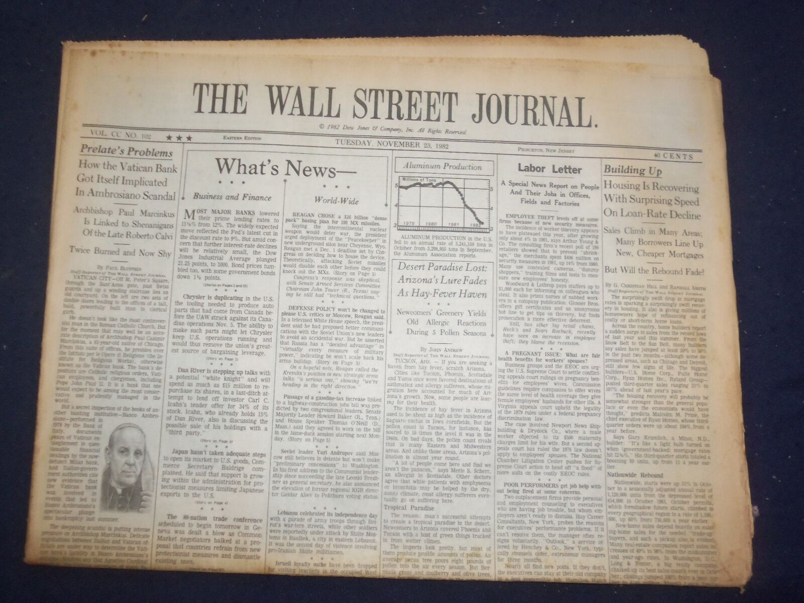1982 NOV 23 THE WALL STREET JOURNAL - VATICAN BANK, AMBROSIANO SCANDAL - WJ 377