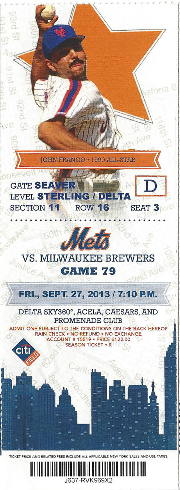 John Franco 1990 All-Star Mets vs. Brewers Citi Stub Sept 27 2013 Game 79