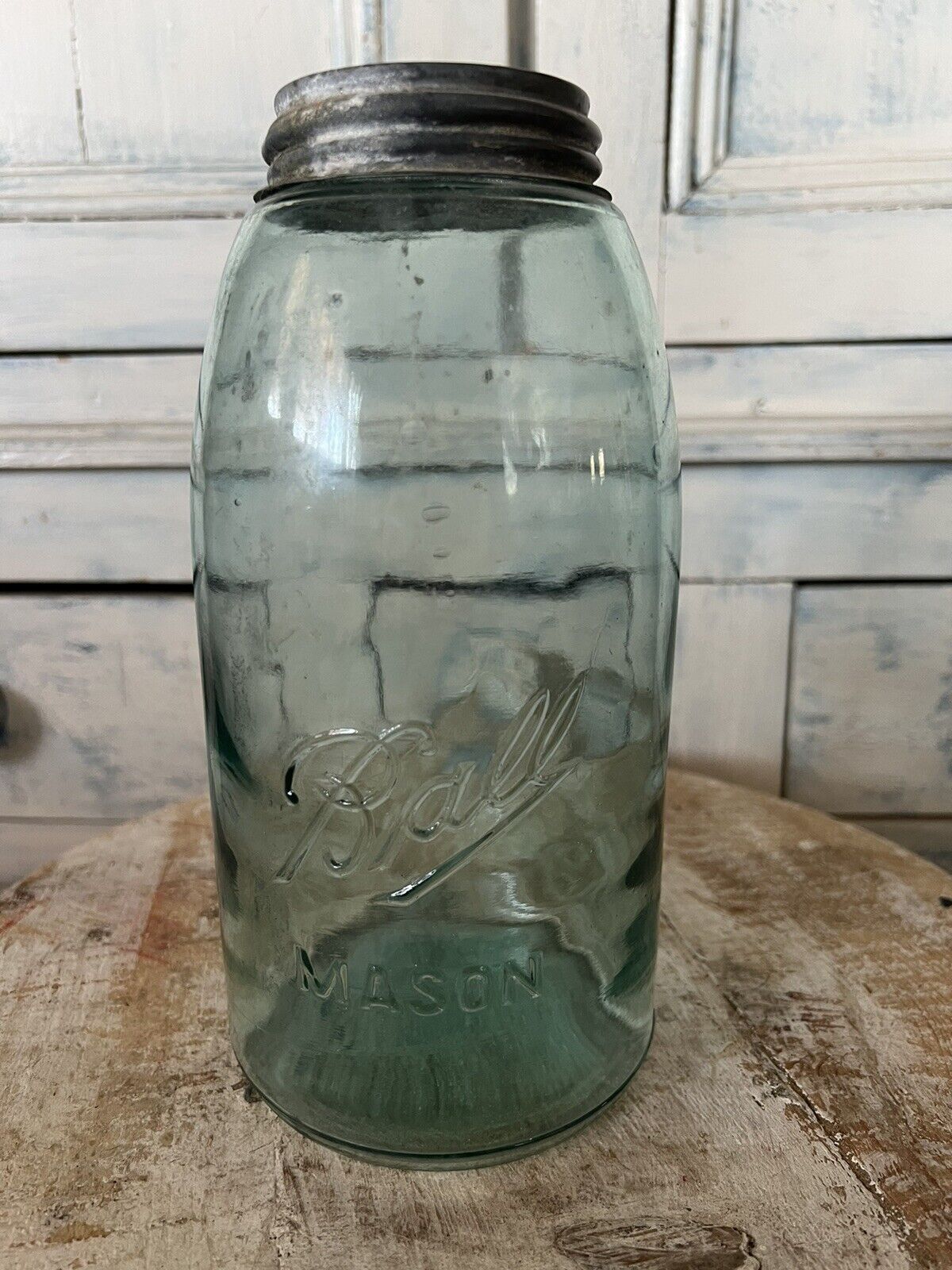 Vintage 2 Quart Blue Ball Jar With Zinc Lid 