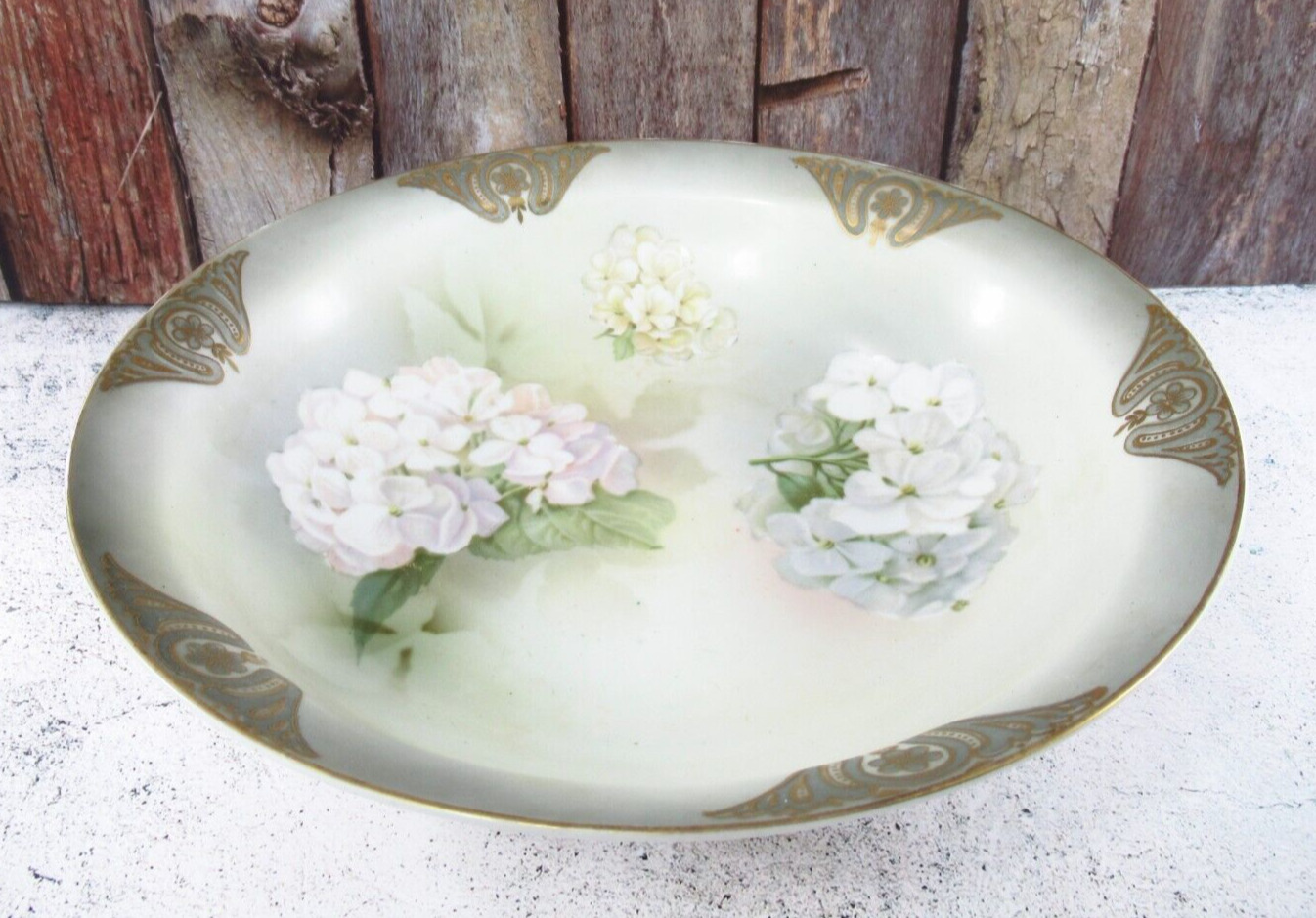 Vintage RS Germany Hydrangea Serving Bowl 1912-1945 Green Mark White Flowers