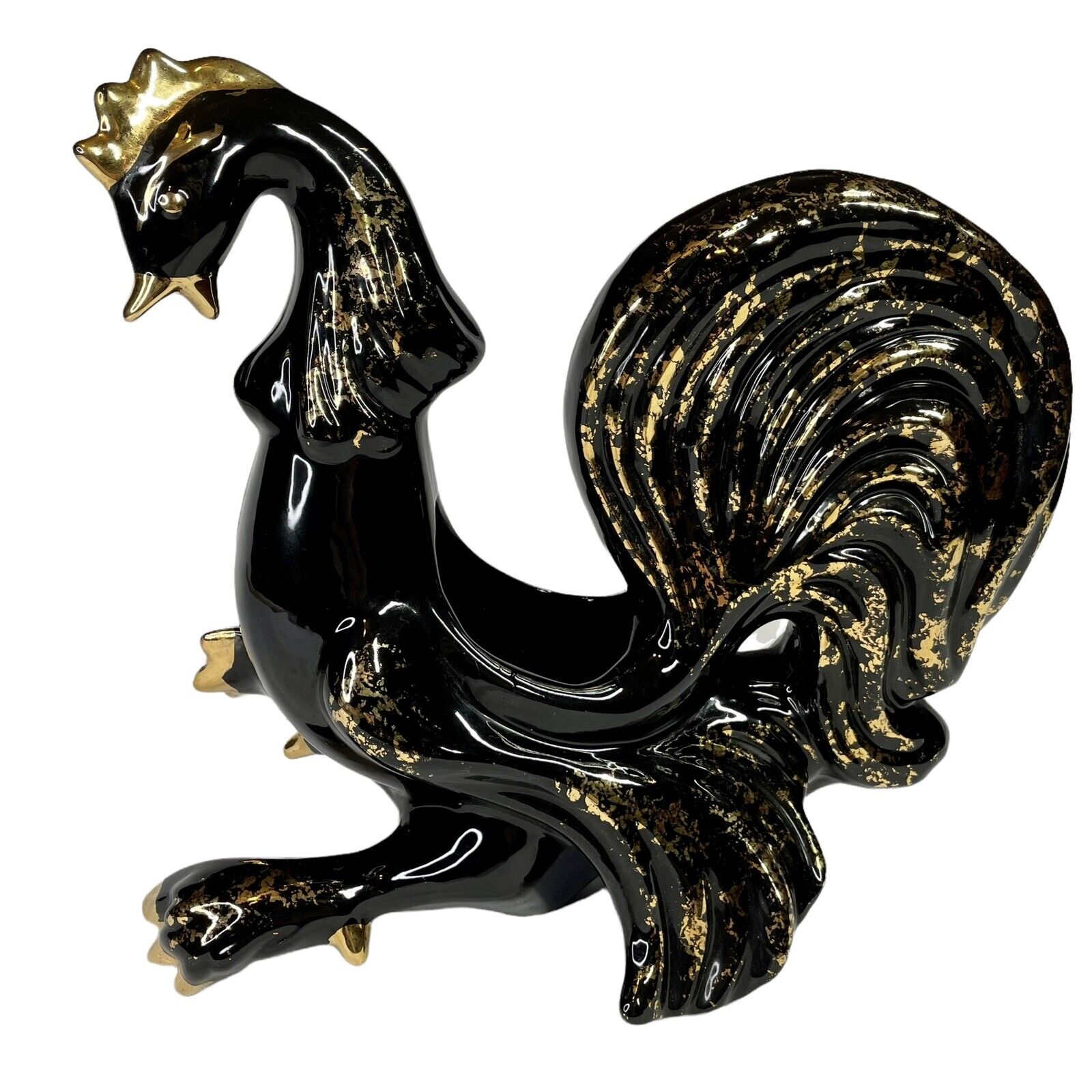 ROYAL FLEET CALIFORNIA POTTERY TV LAMP Black Gold Rooster Fighting Cock MCM EX￼