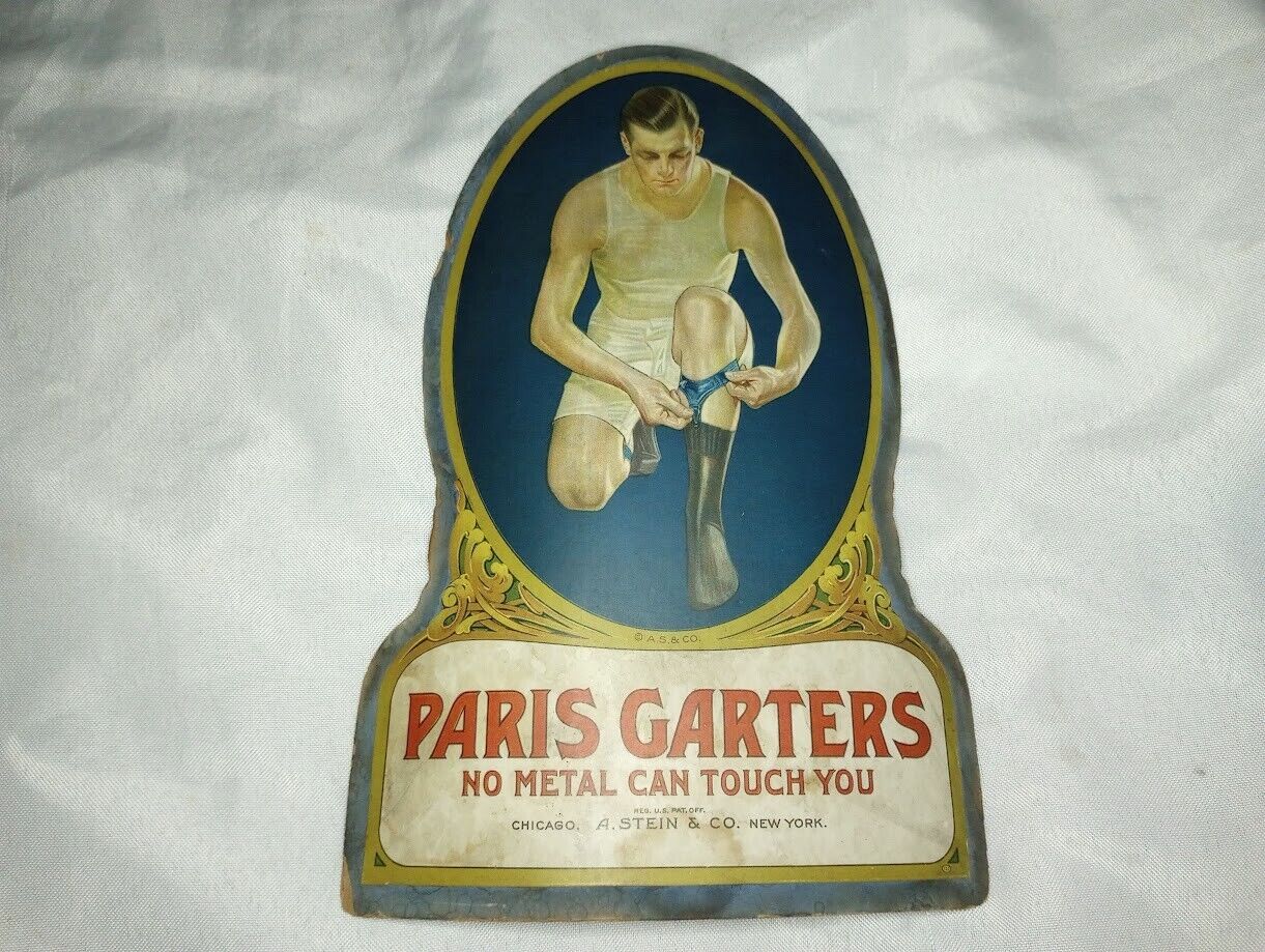Antique Paris Garters advertising easel-back retail store display sign A. Stein