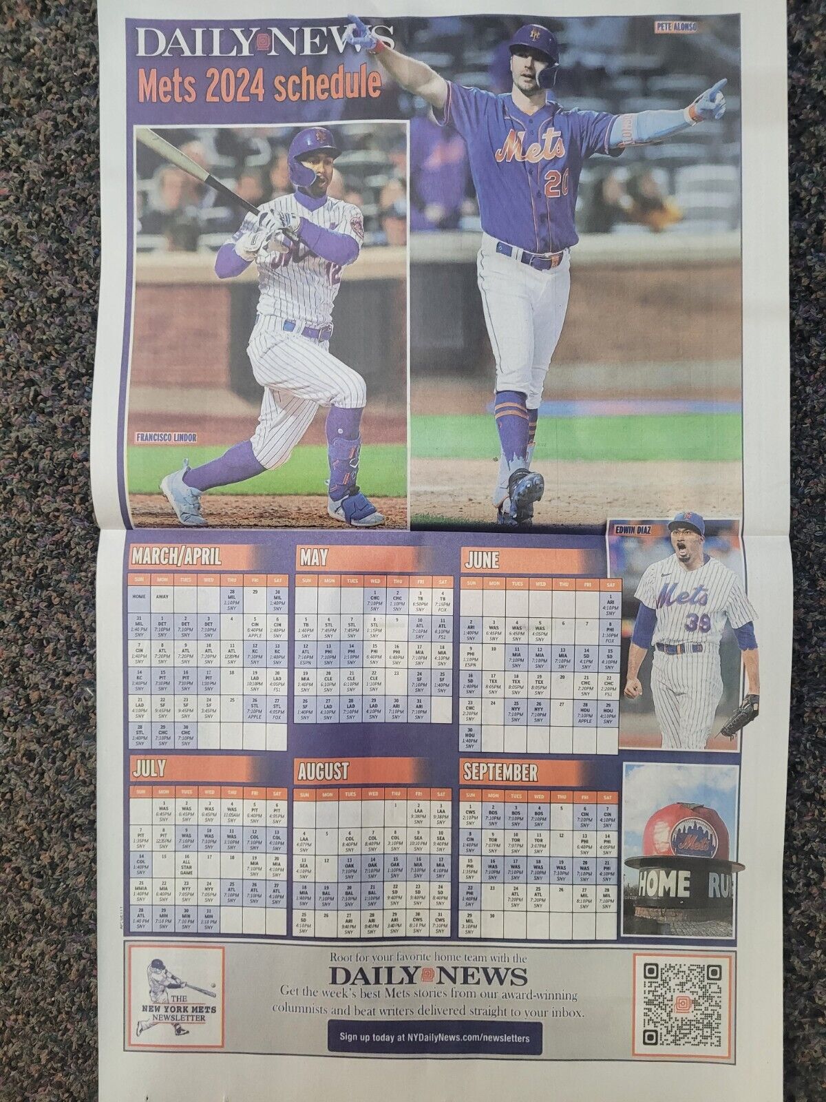 METS PETE ALONSO FRANCISCO LINDOR NY DAILY NEWS 2024 WALL SCHEDULE POSTER