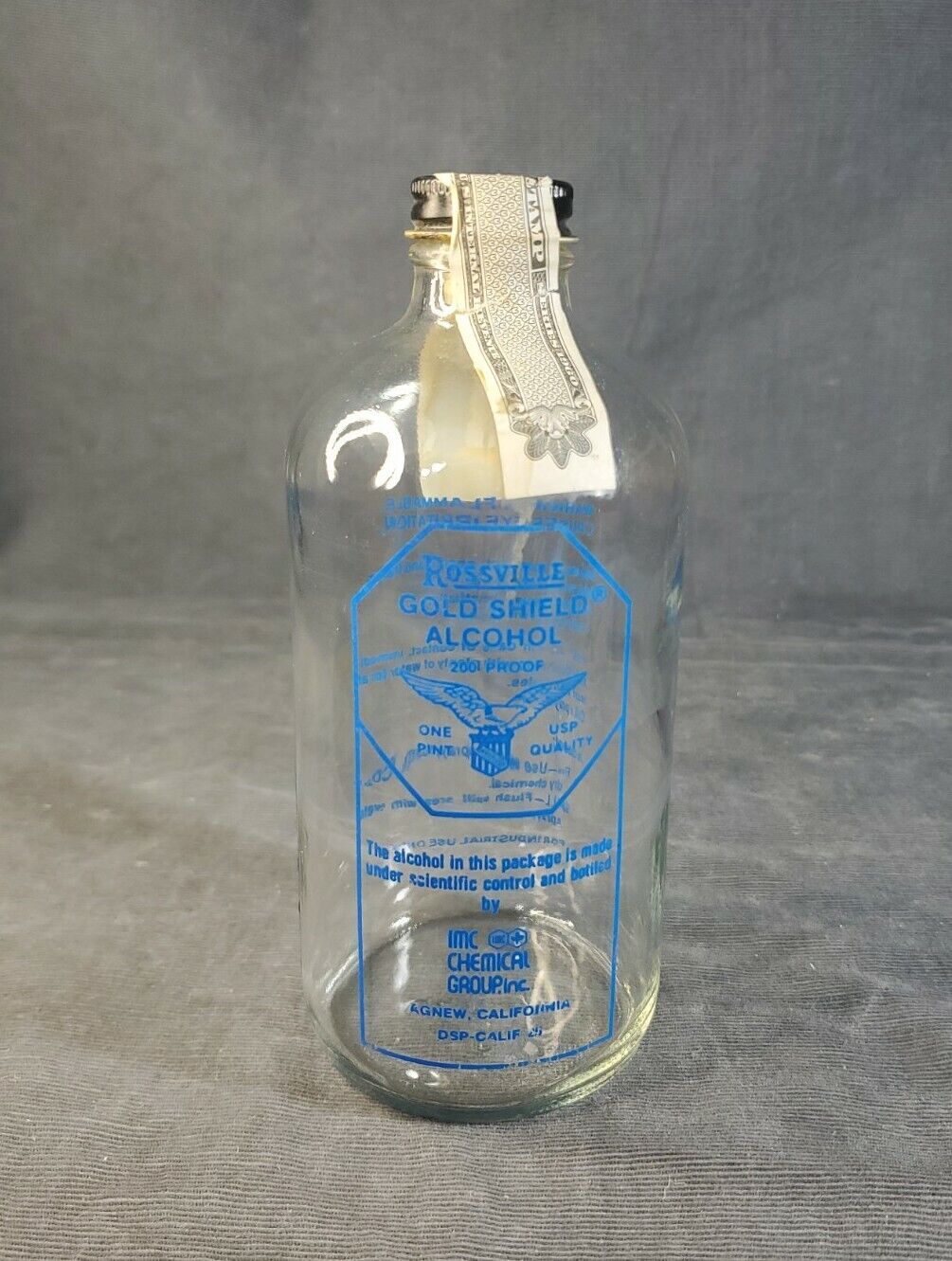 Rossville Gold Shield 200 Proof Alcohol Bottle Sealed W/1960 Tax Stamp, Empty. 