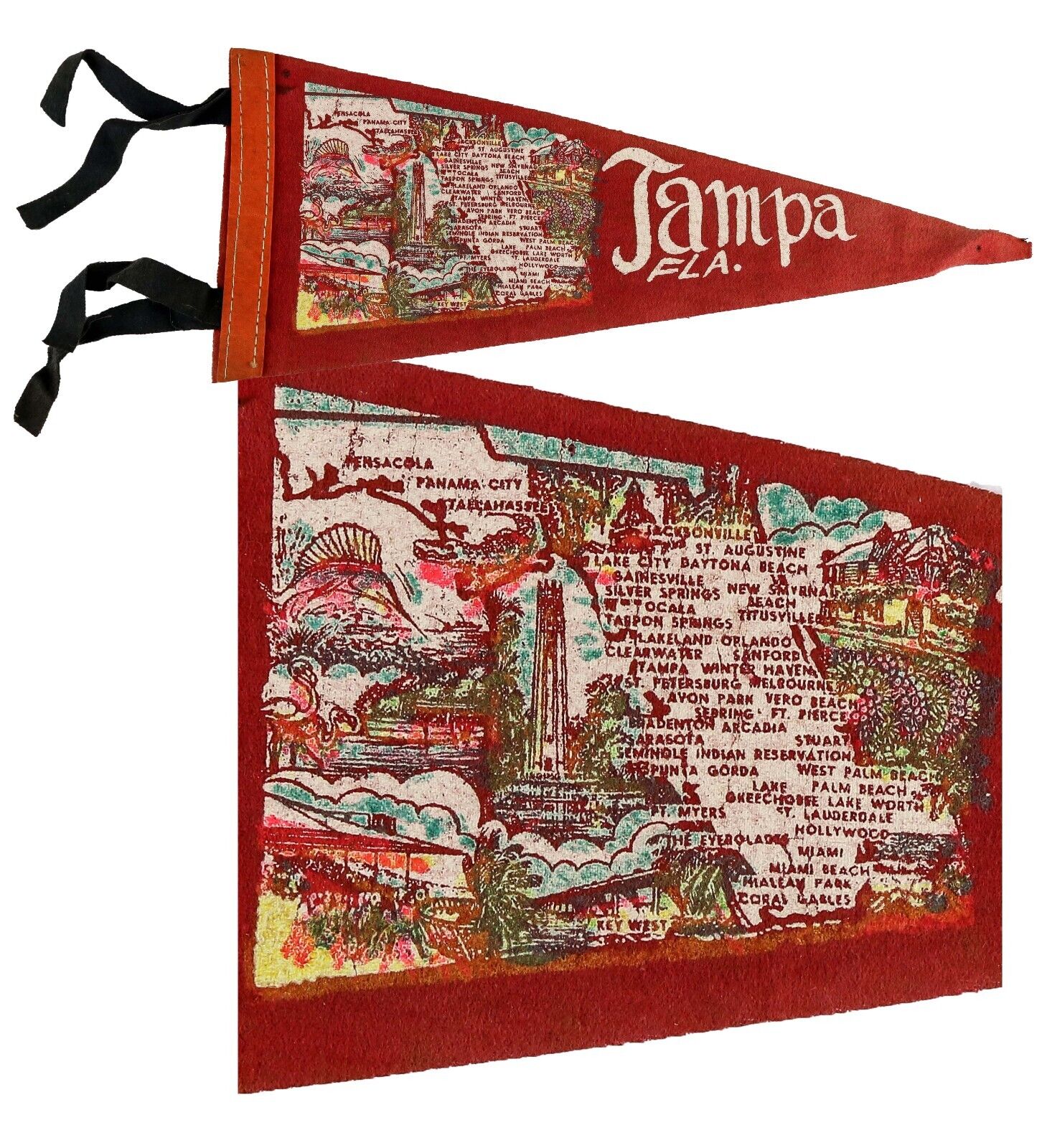 ⭐ Vintage Tampa FLA. Felt Pennant ⭐ State of Florida City Names & Images ⭐