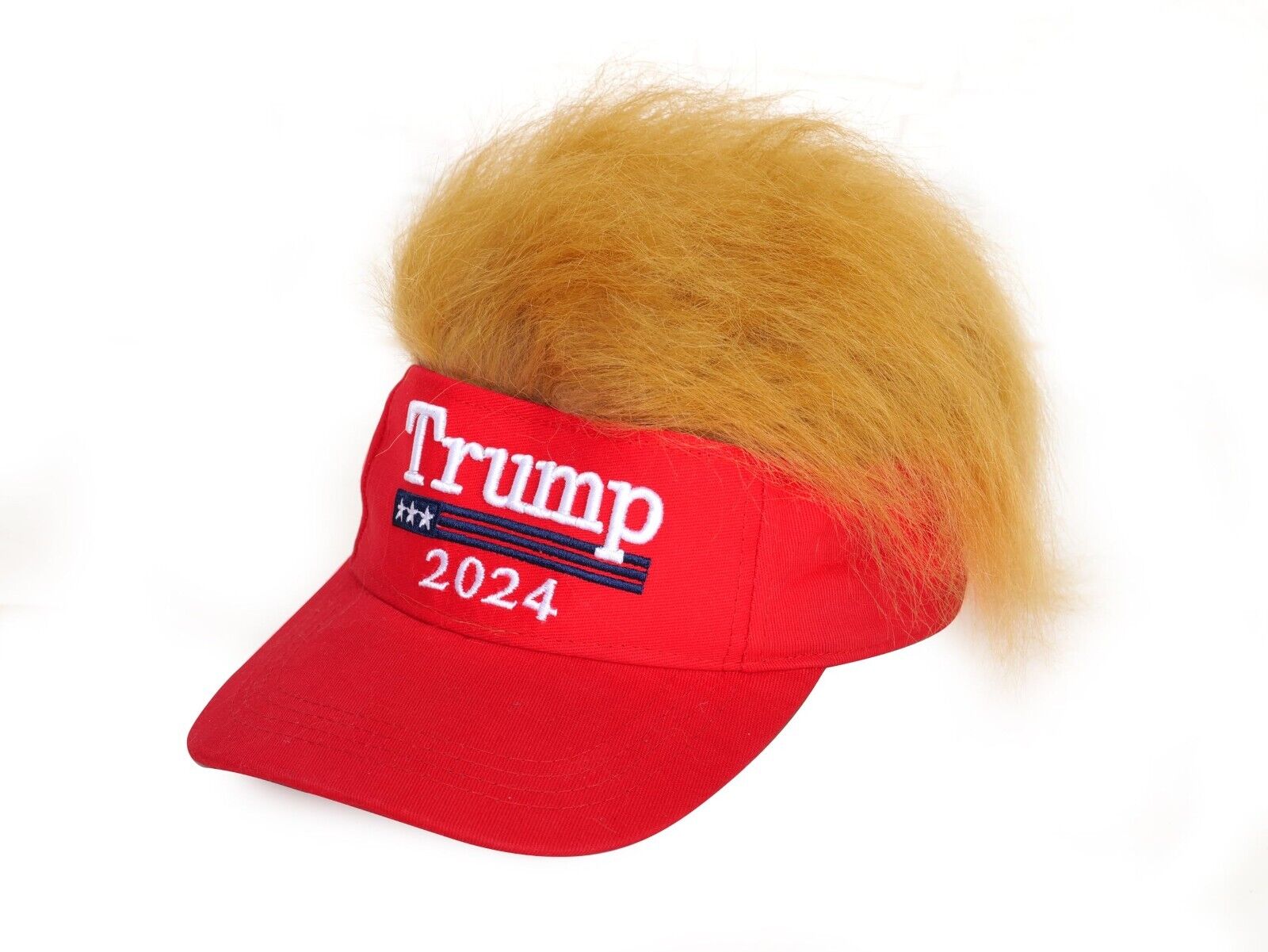 2024 President Donald TRUMP Red Trumpy Visor Hat w/Gold Hair Golf Cap Wig MAGA