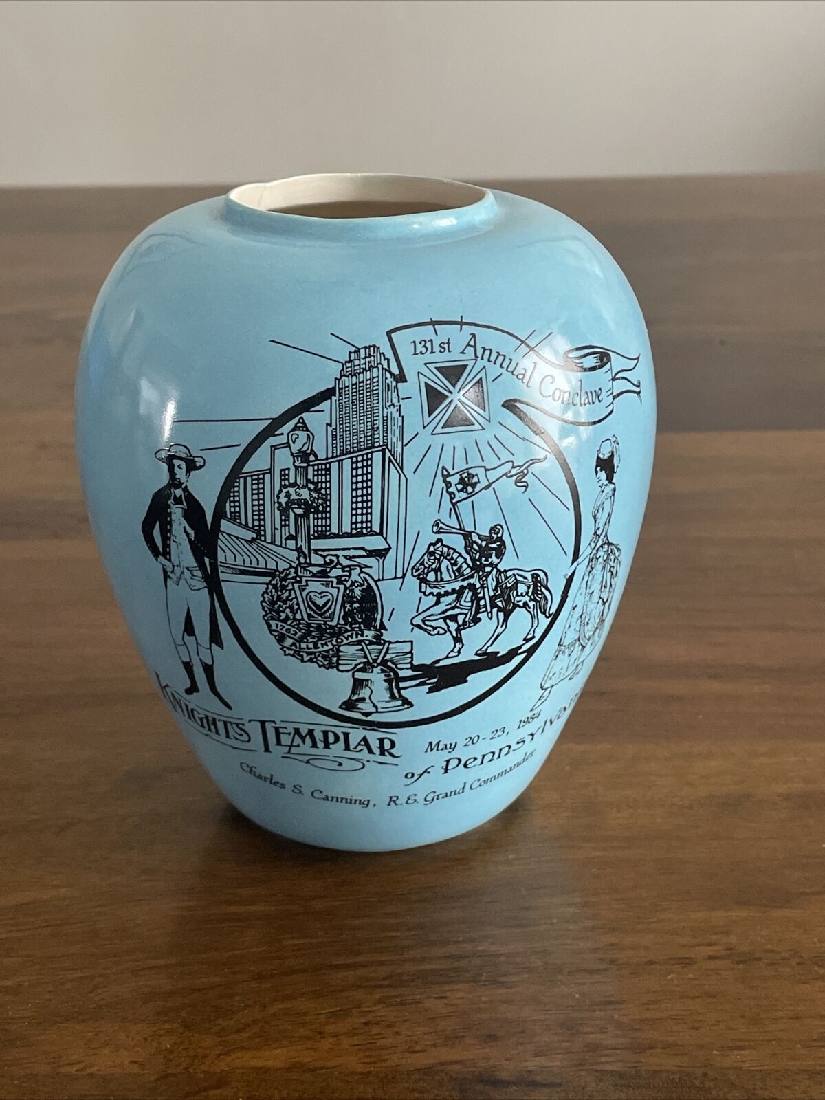 RARE Vintage Mason Masonic Knights Templar Blue Jar Urn Container Pot Freemason