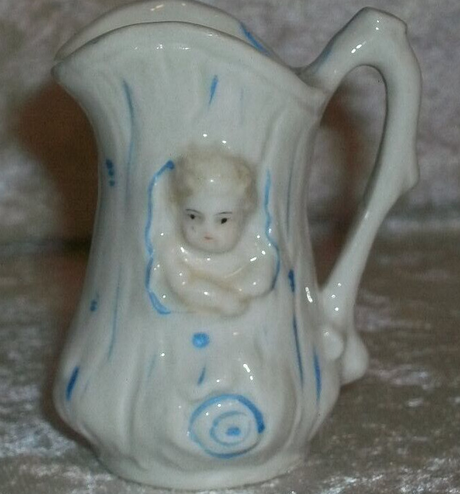Antique German White Porcelain Blonde Baby Tree Trunk Pitcher Toothpick Holder