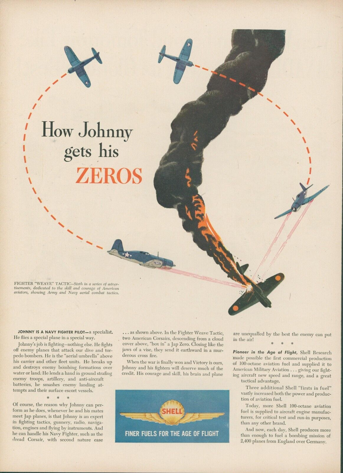 1944 WWII Shell How Johnny Gets His Zeros Fighter Weave Tactic Vtg Print Ad L34