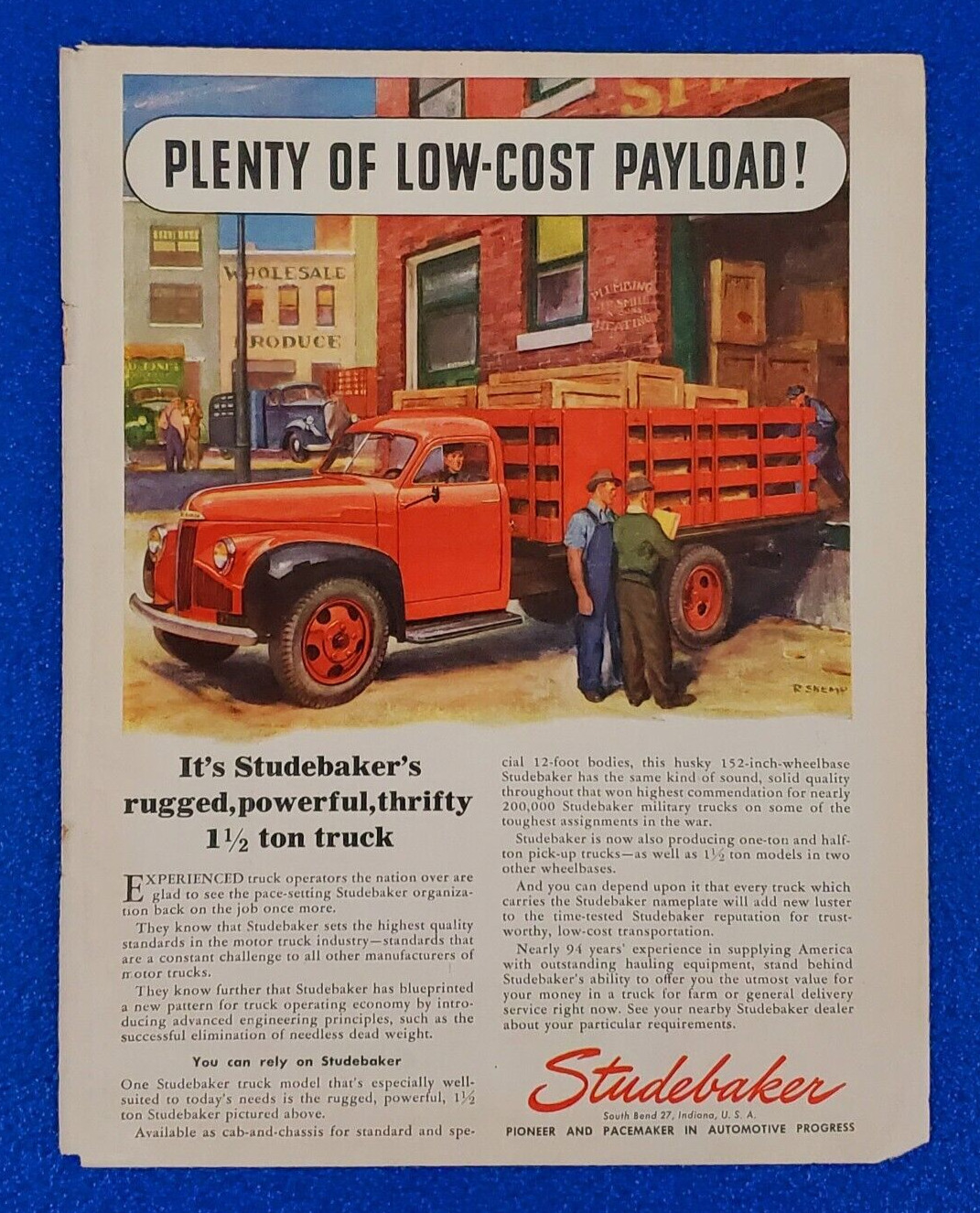 1946 STUDEBAKER 1-1/2 TON TRUCK ORIGINAL COLOR PRINT AD SHIPS FREE LOT (RED)