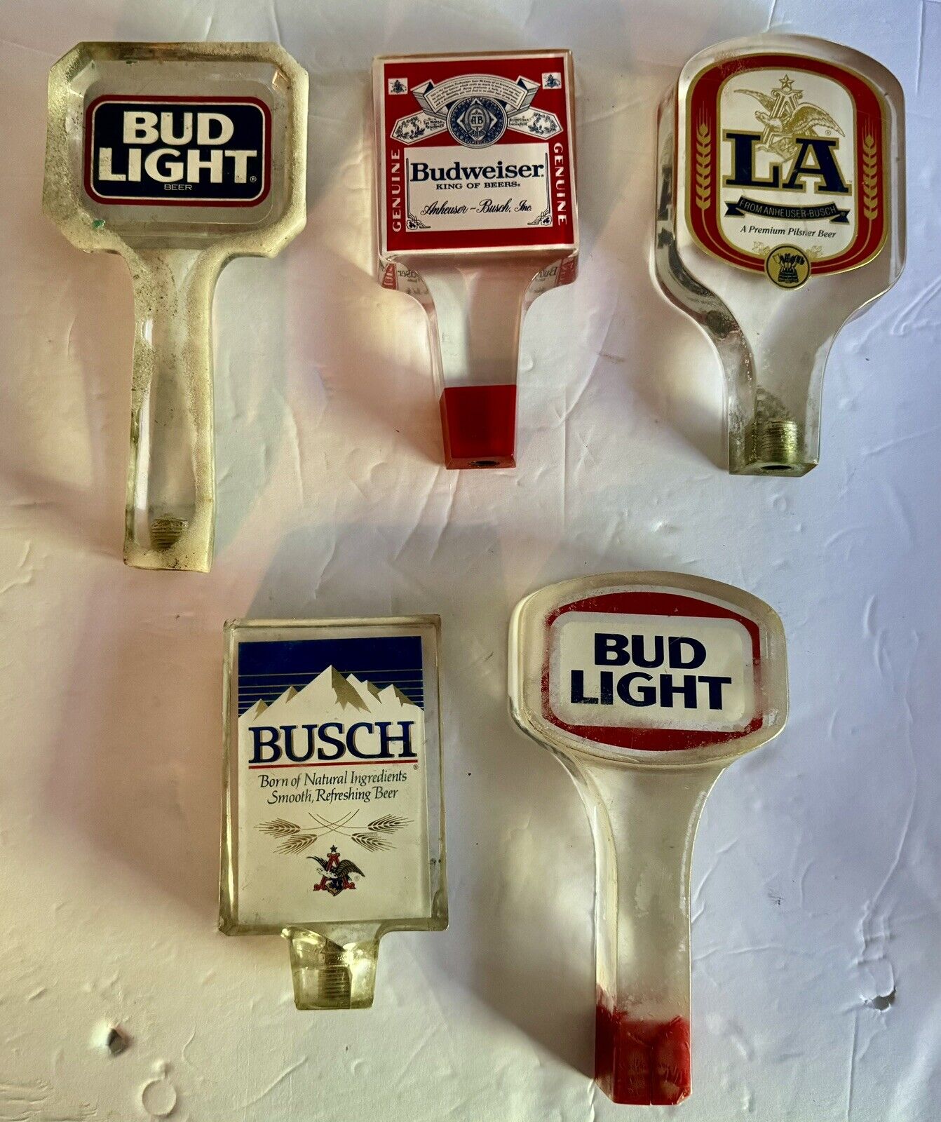Vintage Lot Of 5 Beer Tap Pulls Busch Bud Light Budweiser 1980s Lucite Low Grade