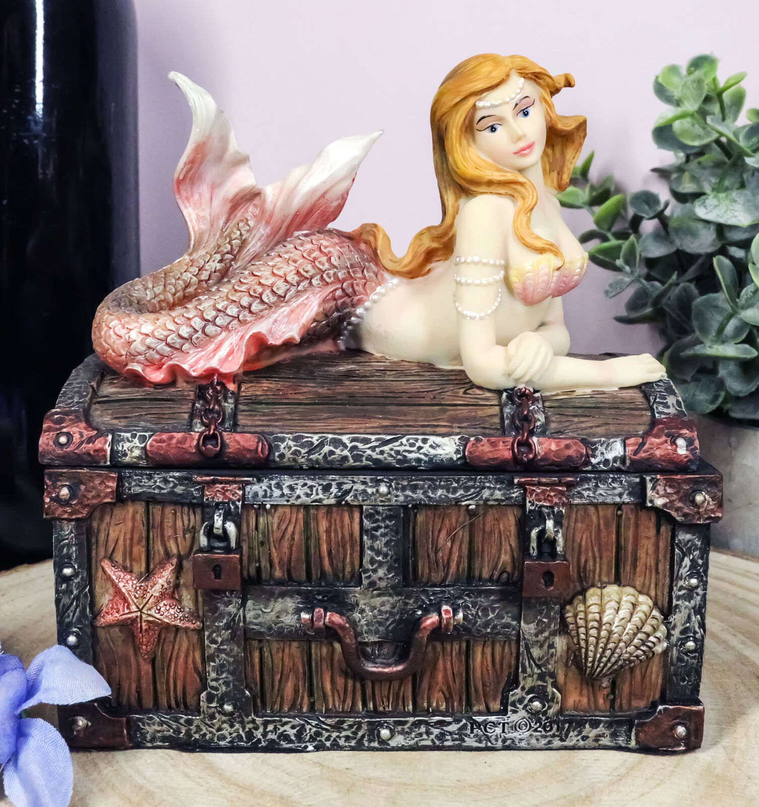 Beautiful Mermaid Ariel Resting On Sunken Treasure Jewelry Box Figurine 5.25\