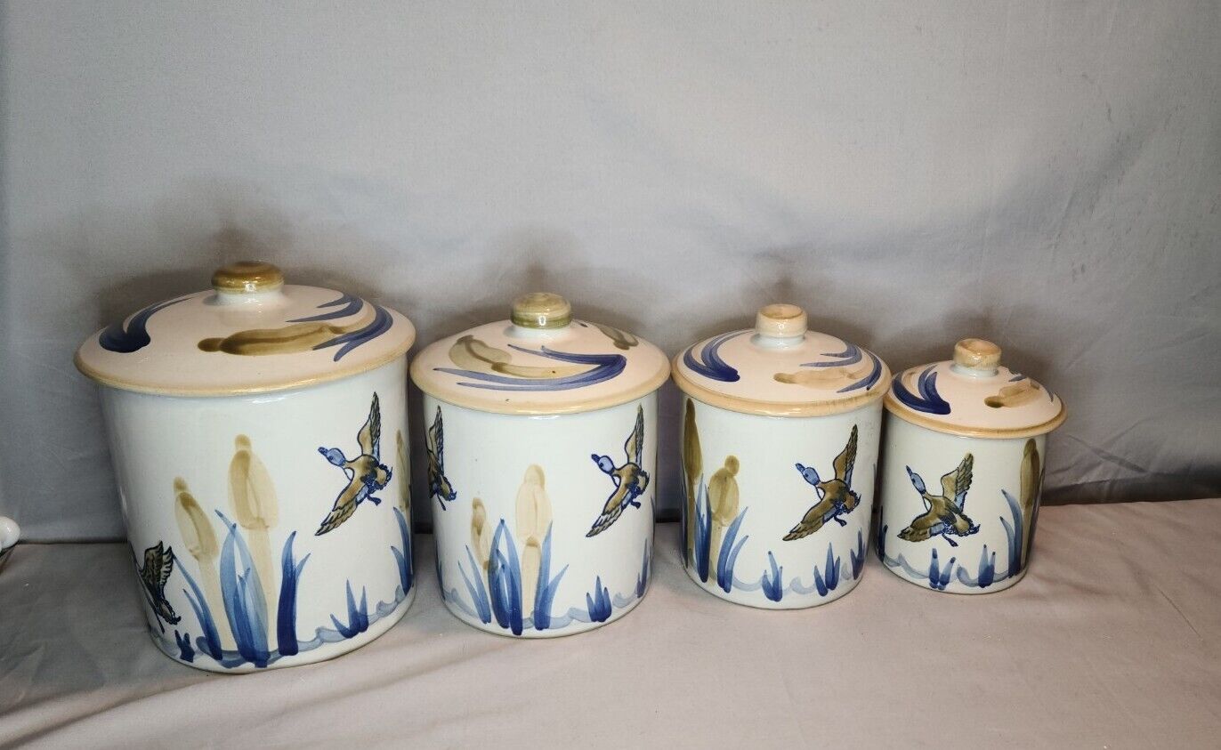 Ducks in reeds Louisville Stoneware pottery set of 4 cannisters vintage perfect