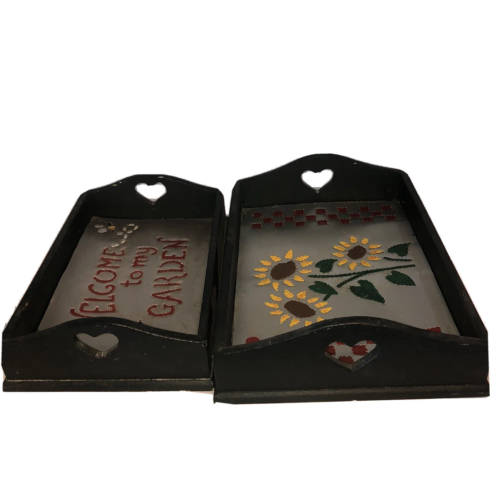 Adorable Vintage  Wood And 10 Trays With Hearts Sunflowers Welcome Garden